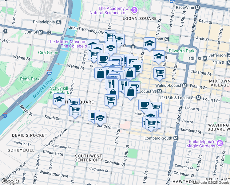 map of restaurants, bars, coffee shops, grocery stores, and more near 1928 Spruce Street in Philadelphia