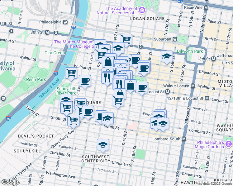 map of restaurants, bars, coffee shops, grocery stores, and more near 2023 Cypress Street in Philadelphia