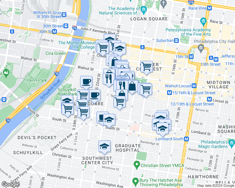 map of restaurants, bars, coffee shops, grocery stores, and more near 2023 Cypress Street in Philadelphia