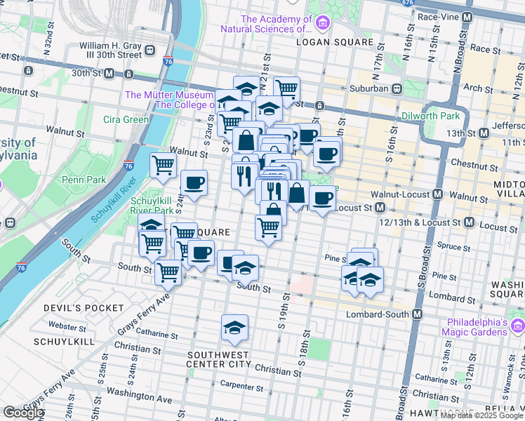 map of restaurants, bars, coffee shops, grocery stores, and more near 2015 Spruce Street in Philadelphia