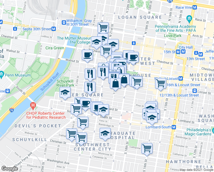 map of restaurants, bars, coffee shops, grocery stores, and more near 2023 Cypress Street in Philadelphia