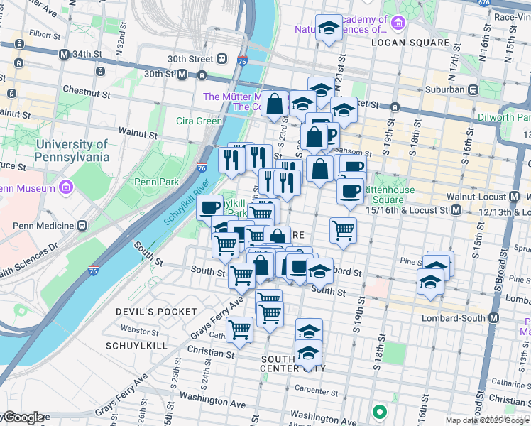 map of restaurants, bars, coffee shops, grocery stores, and more near in Philadelphia