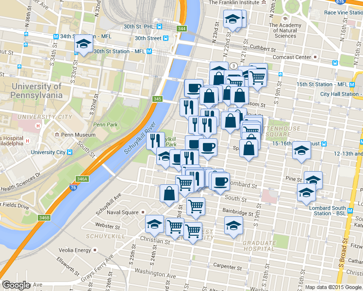 map of restaurants, bars, coffee shops, grocery stores, and more near in Philadelphia