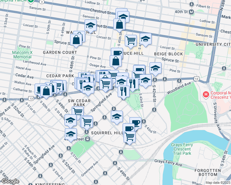 map of restaurants, bars, coffee shops, grocery stores, and more near 4500 Springfield Avenue in Philadelphia