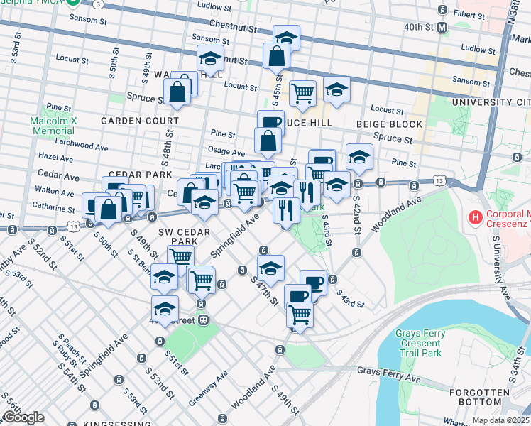 map of restaurants, bars, coffee shops, grocery stores, and more near 4500 Springfield Avenue in Philadelphia