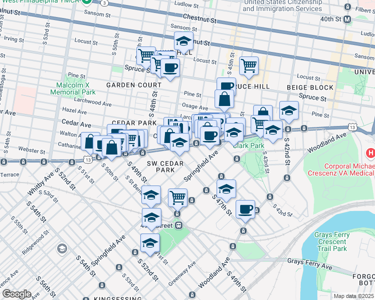 map of restaurants, bars, coffee shops, grocery stores, and more near 907 South 47th Street in Philadelphia