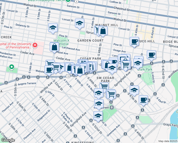 map of restaurants, bars, coffee shops, grocery stores, and more near 4825 Baltimore Avenue in Philadelphia