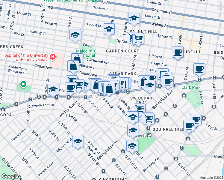 map of restaurants, bars, coffee shops, grocery stores, and more near 4916 Baltimore Avenue in Philadelphia