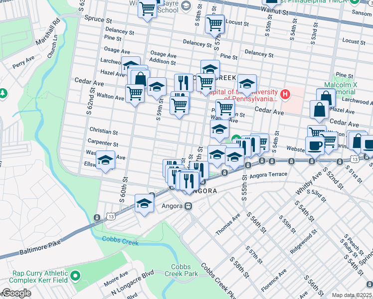map of restaurants, bars, coffee shops, grocery stores, and more near 834 South Alden Street in Philadelphia