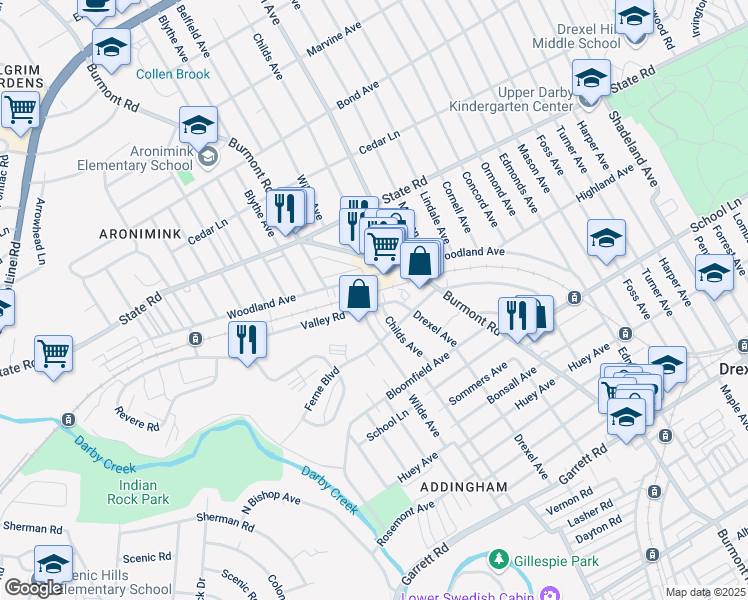 map of restaurants, bars, coffee shops, grocery stores, and more near 16 Wilde Avenue in Drexel Hill