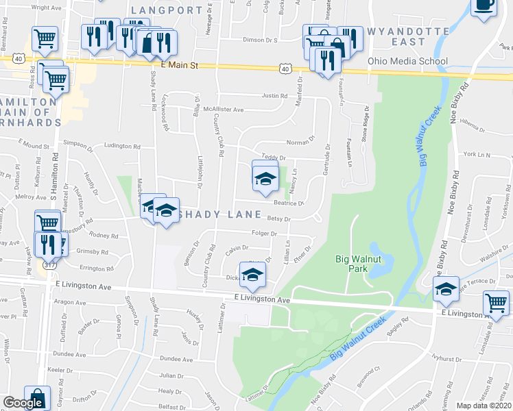 map of restaurants, bars, coffee shops, grocery stores, and more near 4924 Betsy Drive in Columbus