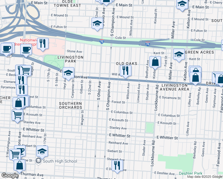 map of restaurants, bars, coffee shops, grocery stores, and more near 1047 East Sycamore Street in Columbus