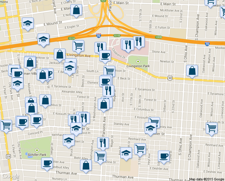 map of restaurants, bars, coffee shops, grocery stores, and more near 781 Wager Street in Columbus