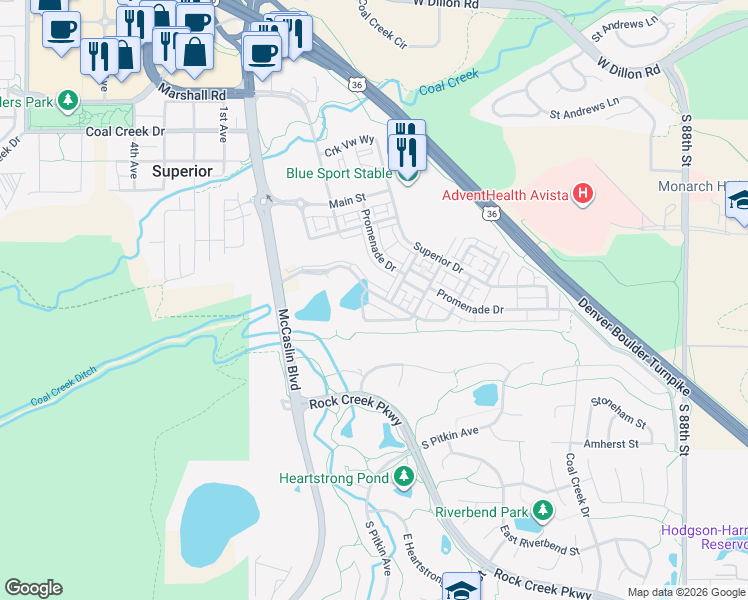 map of restaurants, bars, coffee shops, grocery stores, and more near 580 Discovery Parkway in Superior