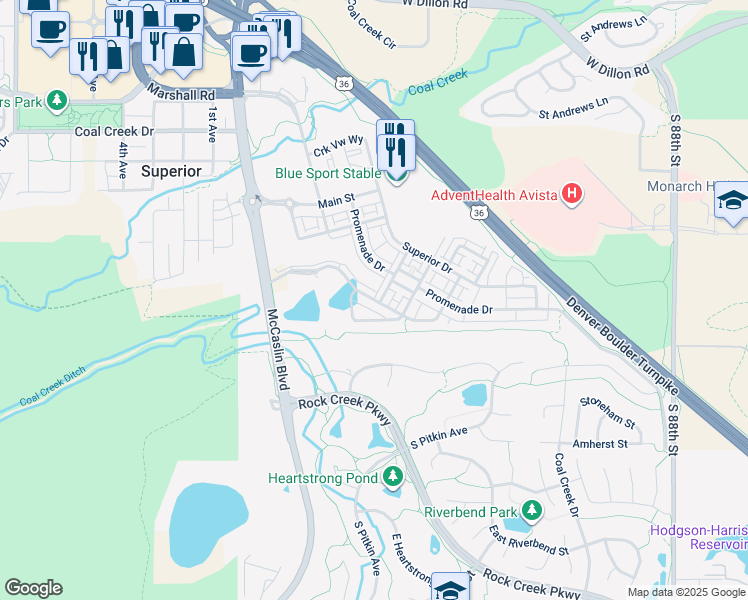 map of restaurants, bars, coffee shops, grocery stores, and more near 594 Discovery Parkway in Superior