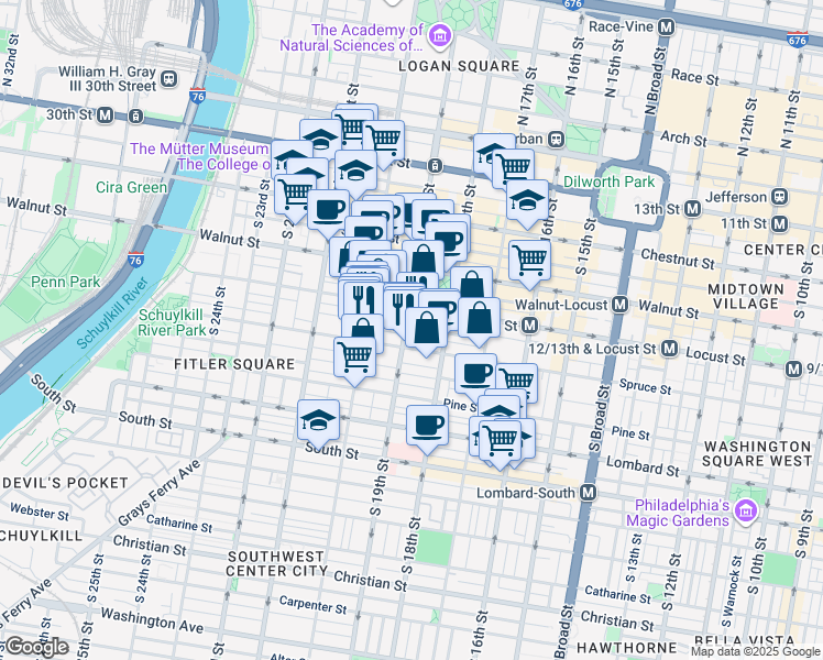 map of restaurants, bars, coffee shops, grocery stores, and more near 1830 Rittenhouse Square in Philadelphia