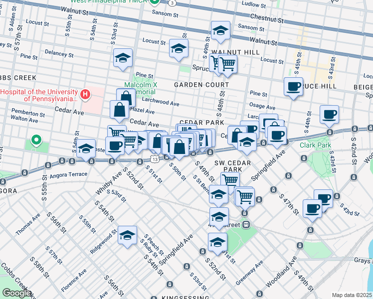 map of restaurants, bars, coffee shops, grocery stores, and more near 4905 Catharine Street in Philadelphia