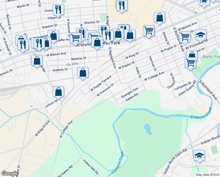 map of restaurants, bars, coffee shops, grocery stores, and more near 1496 West Princess Street in York