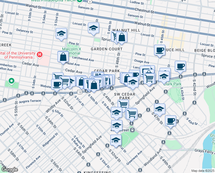 map of restaurants, bars, coffee shops, grocery stores, and more near 4817 Baltimore Avenue in Philadelphia