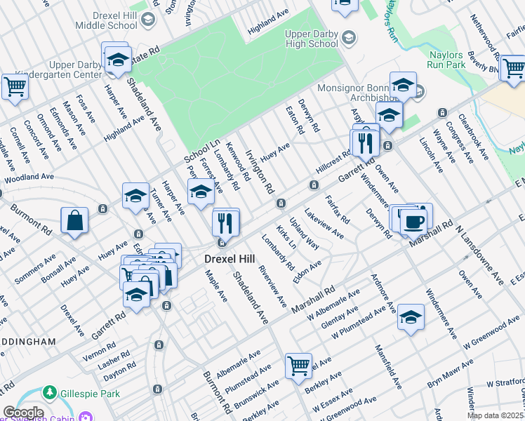 map of restaurants, bars, coffee shops, grocery stores, and more near 2820 Hillcrest Road in Drexel Hill