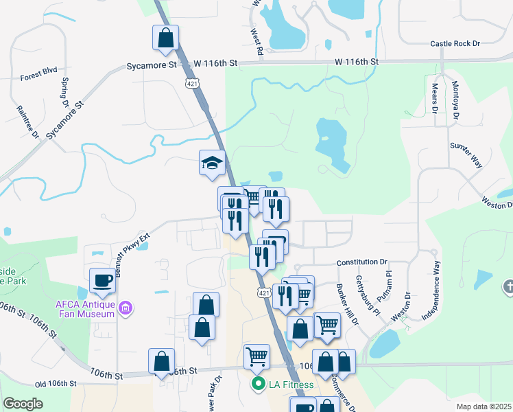 map of restaurants, bars, coffee shops, grocery stores, and more near 11335 North Michigan Road in Zionsville