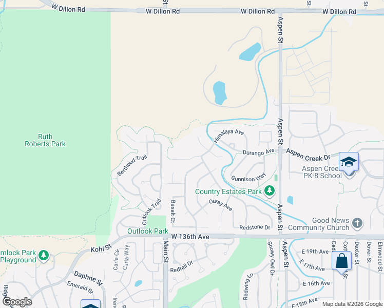 map of restaurants, bars, coffee shops, grocery stores, and more near 260 Himalaya Avenue in Broomfield