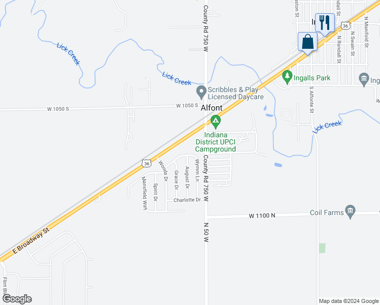 map of restaurants, bars, coffee shops, grocery stores, and more near 7572 Wymm Lane in Ingalls