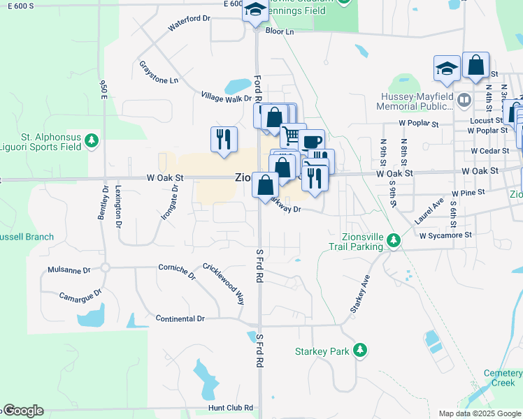 map of restaurants, bars, coffee shops, grocery stores, and more near 1075 Parkway Drive in Zionsville