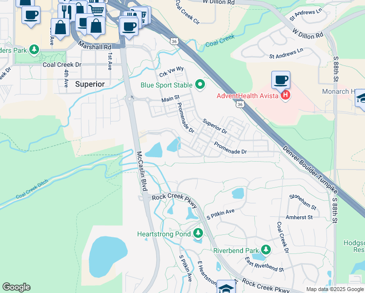 map of restaurants, bars, coffee shops, grocery stores, and more near 574 Discovery Parkway in Superior