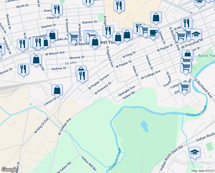 map of restaurants, bars, coffee shops, grocery stores, and more near 1496 West Princess Street in York