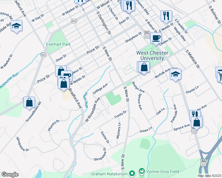 map of restaurants, bars, coffee shops, grocery stores, and more near 405 West Rosedale Avenue in West Chester