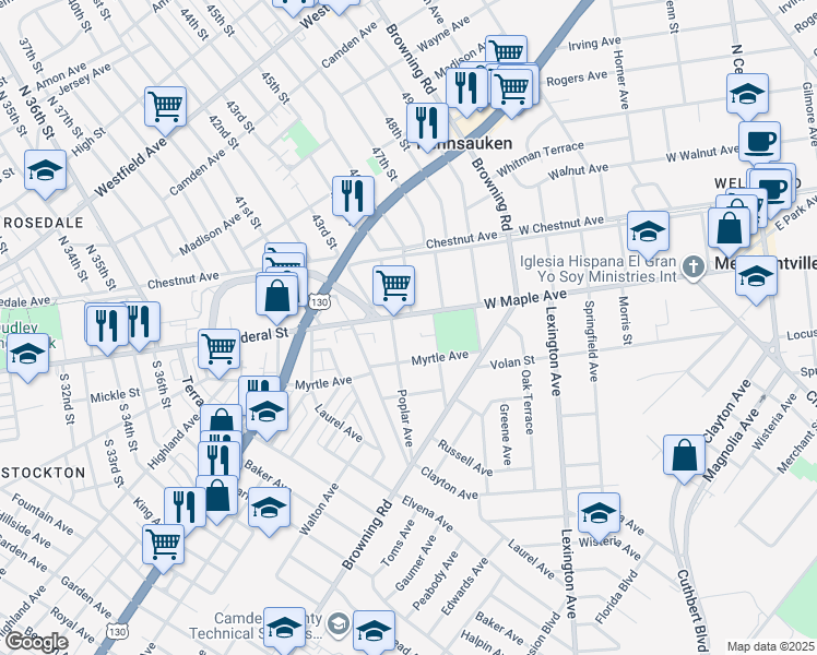map of restaurants, bars, coffee shops, grocery stores, and more near 113 Poplar Avenue in Merchantville