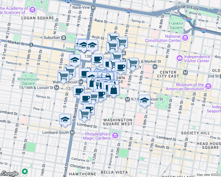 map of restaurants, bars, coffee shops, grocery stores, and more near 1111 Locust Street in Philadelphia