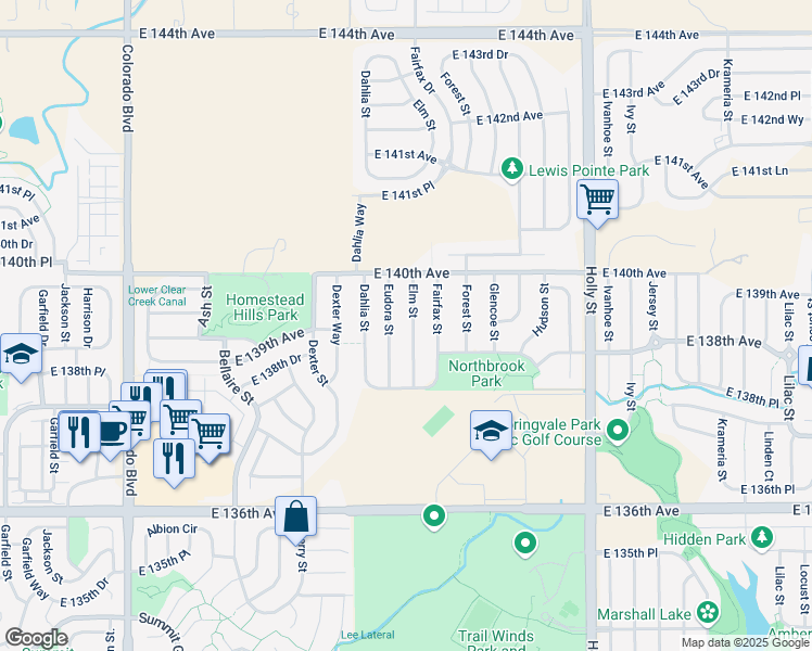 map of restaurants, bars, coffee shops, grocery stores, and more near 13876 Eudora Street in Thornton