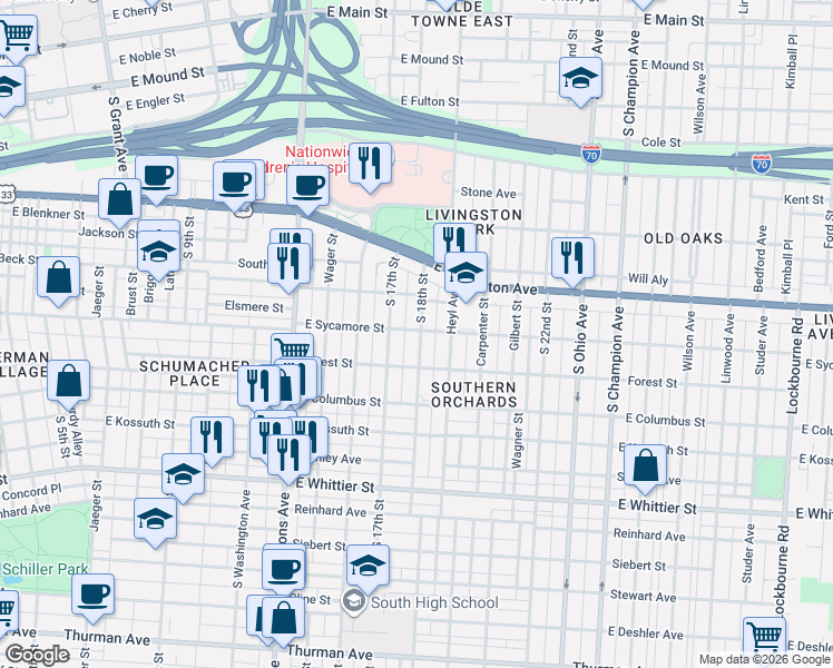 map of restaurants, bars, coffee shops, grocery stores, and more near 790 South 17th Street in Columbus
