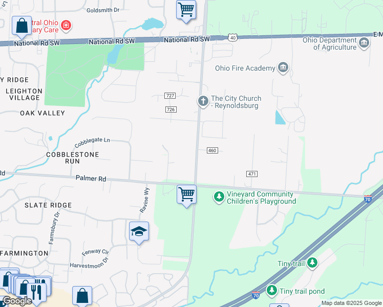 map of restaurants, bars, coffee shops, grocery stores, and more near 9880 Taylor Road Southwest in Reynoldsburg