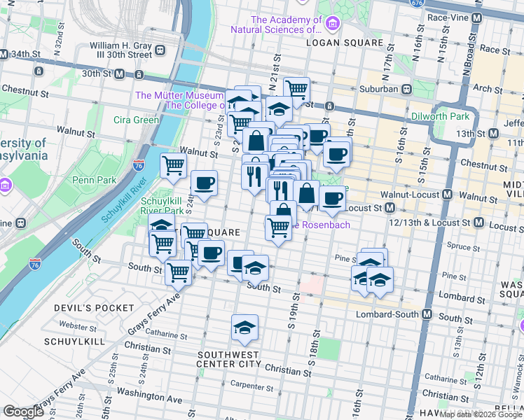 map of restaurants, bars, coffee shops, grocery stores, and more near 2033 Spruce Street in Philadelphia