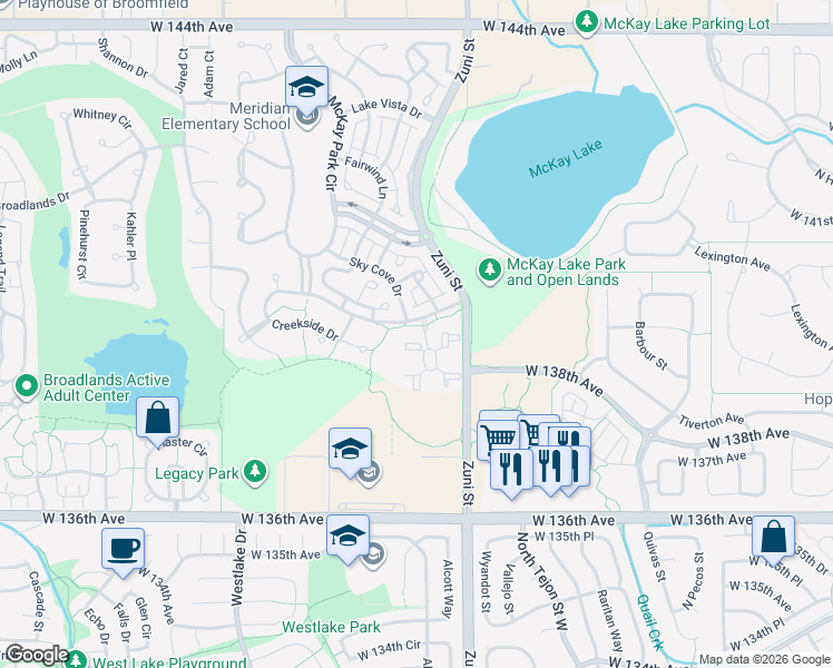 map of restaurants, bars, coffee shops, grocery stores, and more near 13900R Lake Song Lane in Broomfield