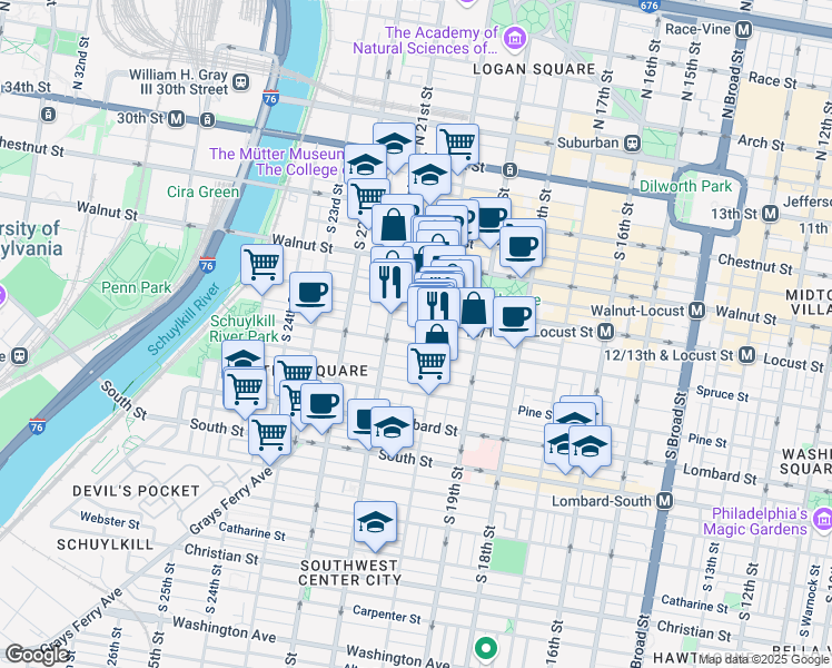 map of restaurants, bars, coffee shops, grocery stores, and more near 2019 Spruce Street in Philadelphia