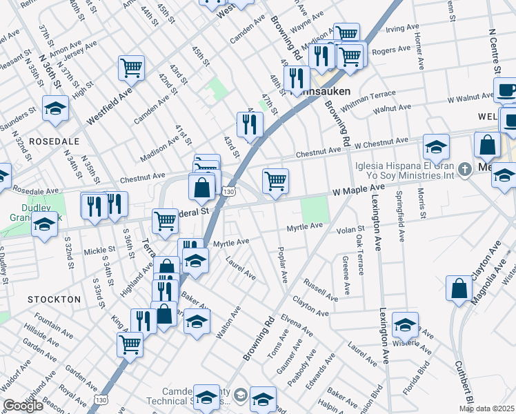 map of restaurants, bars, coffee shops, grocery stores, and more near 15 West End Avenue in Merchantville