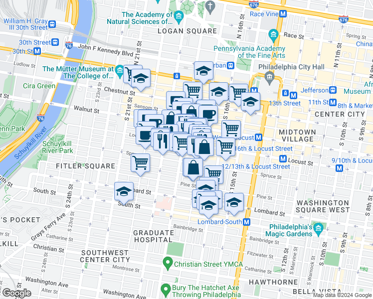 map of restaurants, bars, coffee shops, grocery stores, and more near 237-47 South 18th Street in Philadelphia