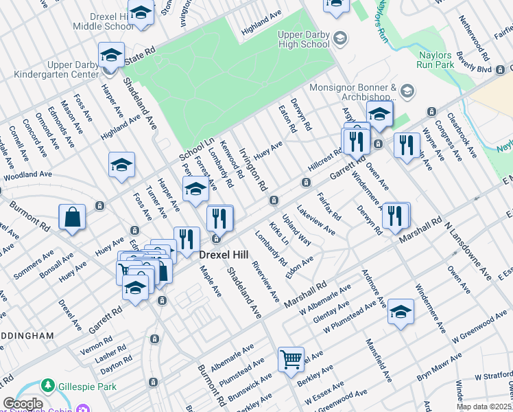 map of restaurants, bars, coffee shops, grocery stores, and more near 2820 Hillcrest Road in Drexel Hill