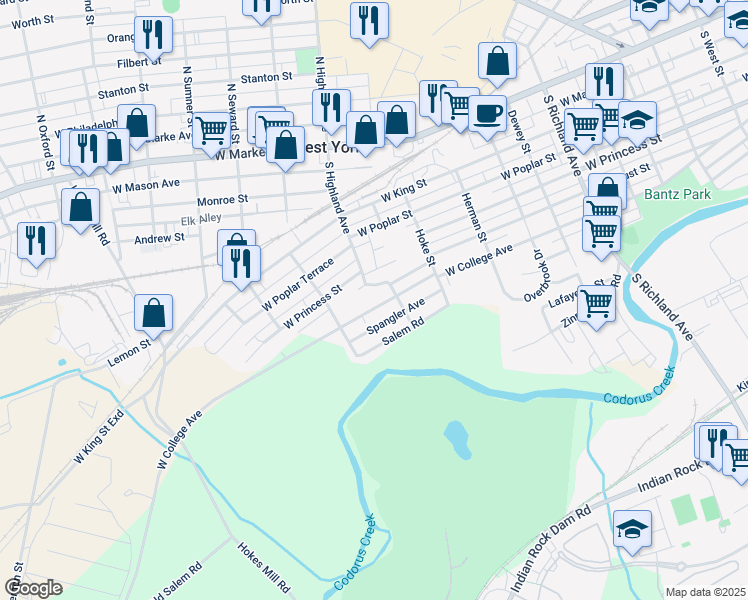 map of restaurants, bars, coffee shops, grocery stores, and more near 1421 West College Avenue in York
