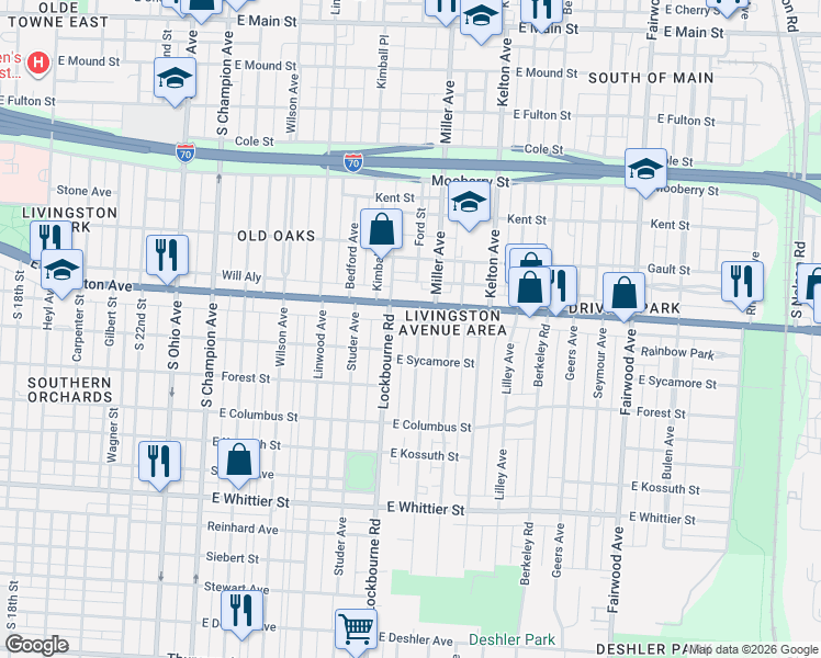 map of restaurants, bars, coffee shops, grocery stores, and more near 892 Miller Avenue in Columbus