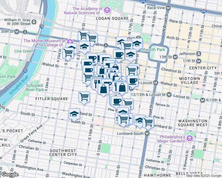 map of restaurants, bars, coffee shops, grocery stores, and more near 237-47 South 18th Street in Philadelphia