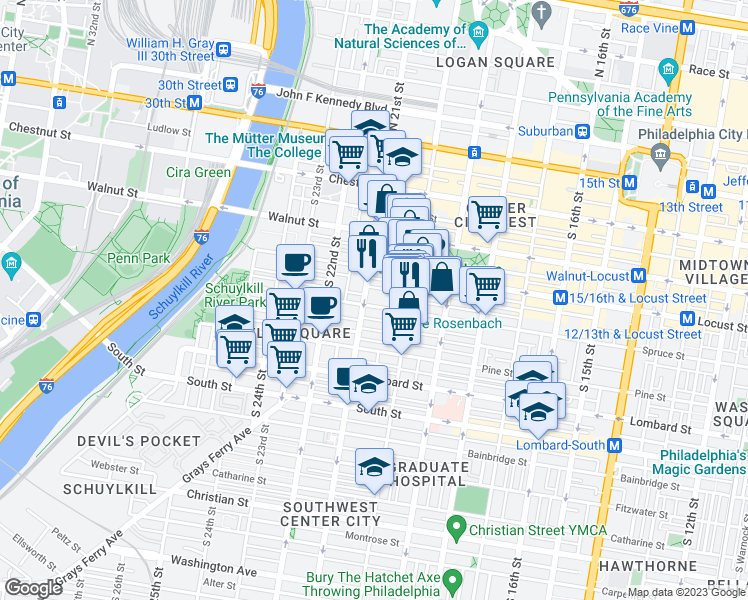 map of restaurants, bars, coffee shops, grocery stores, and more near 2039 Spruce Street in Philadelphia
