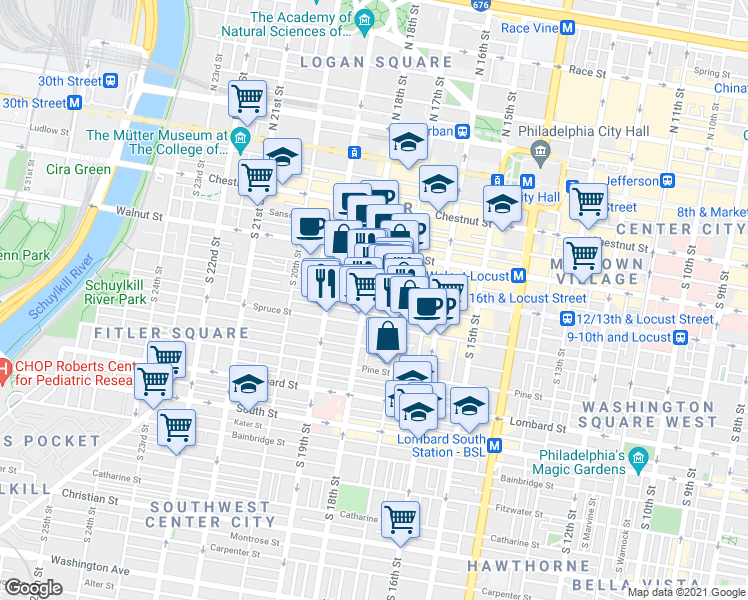 map of restaurants, bars, coffee shops, grocery stores, and more near 237-47 South 18th Street in Philadelphia