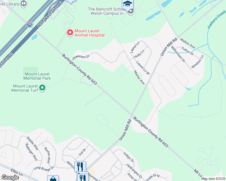 map of restaurants, bars, coffee shops, grocery stores, and more near 267 Mount Laurel Road in Mount Laurel Township
