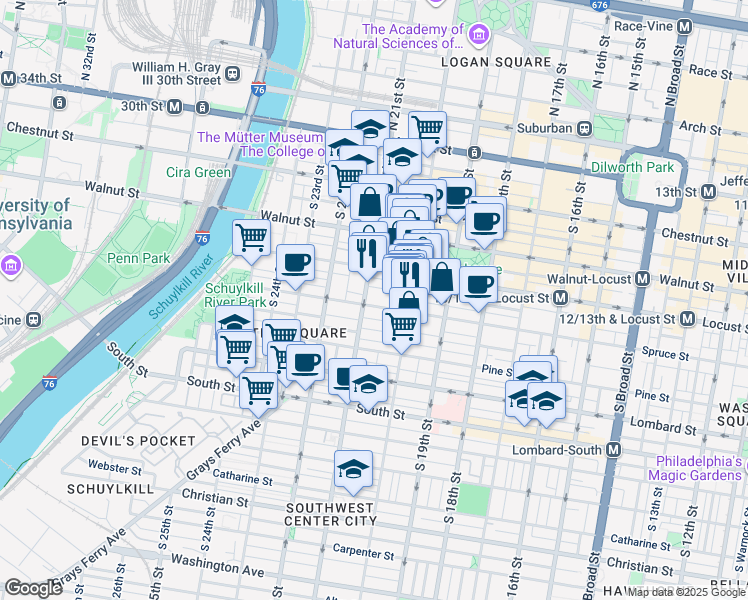 map of restaurants, bars, coffee shops, grocery stores, and more near 2039 Spruce Street in Philadelphia