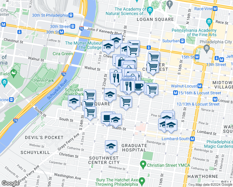 map of restaurants, bars, coffee shops, grocery stores, and more near 2043 Spruce Street in Philadelphia